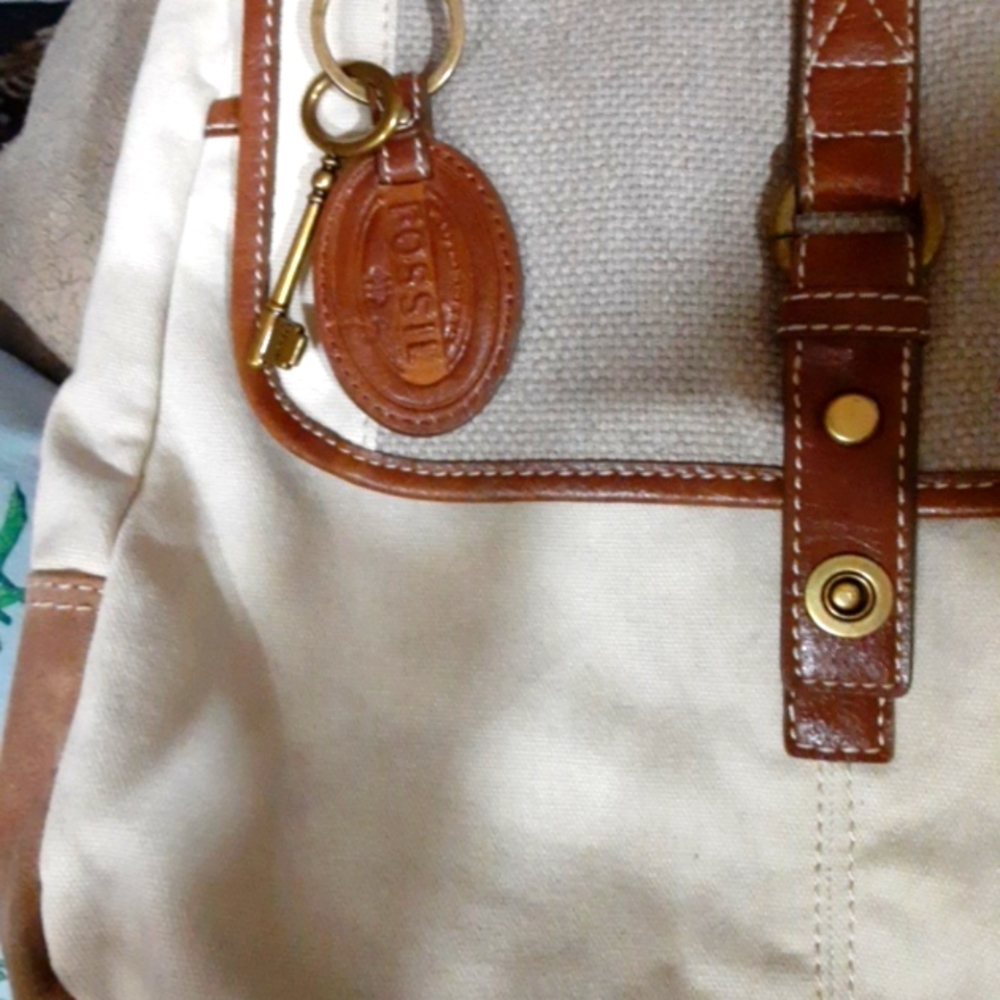 Fossil Cream Canvas and Brown Leather Messenger Bag
